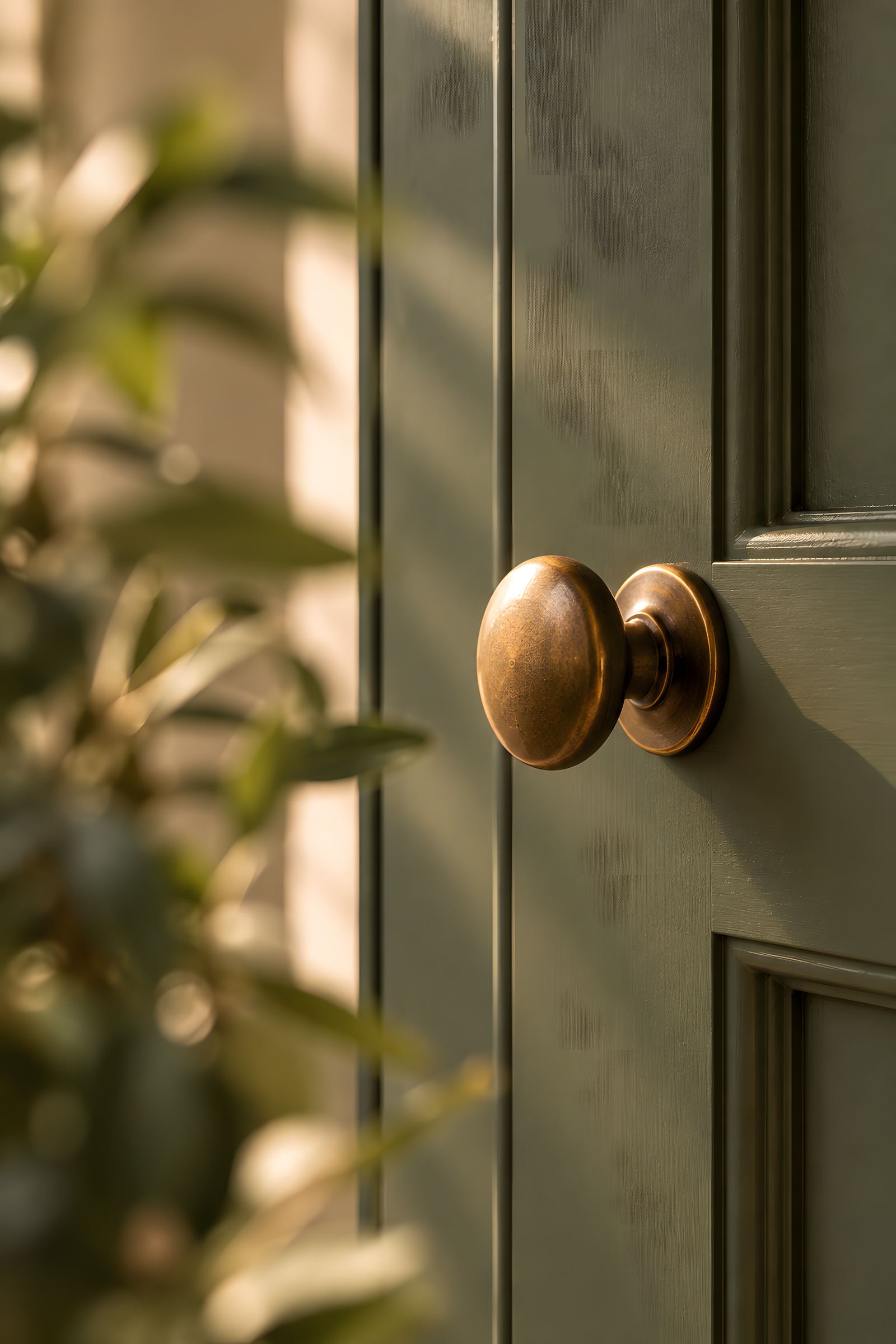 An aged brass knob on an olive green shaker door